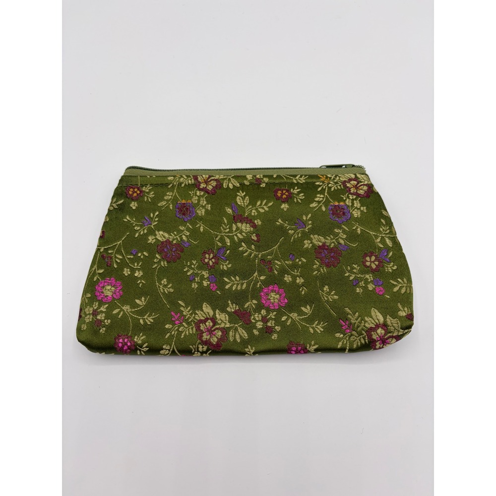 Vintage Style Olive Green Floral Brocade Zipper Pouch Coin Purse Makeup Bag